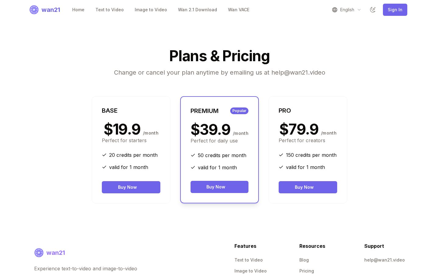 wan21 Pricing