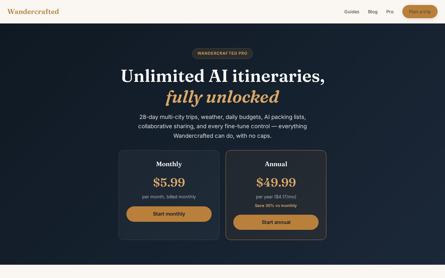 Wandercrafted Pricing