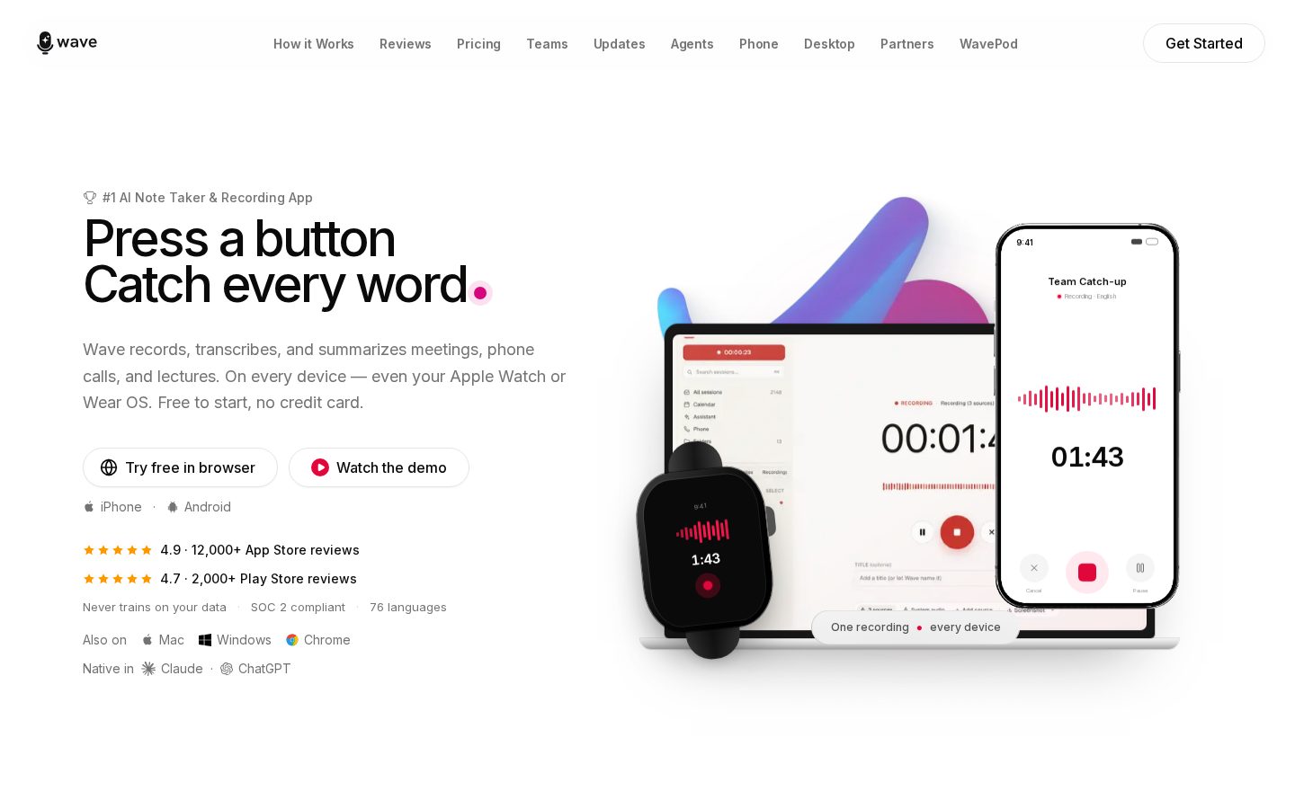 Wave AI Note Taker Homepage