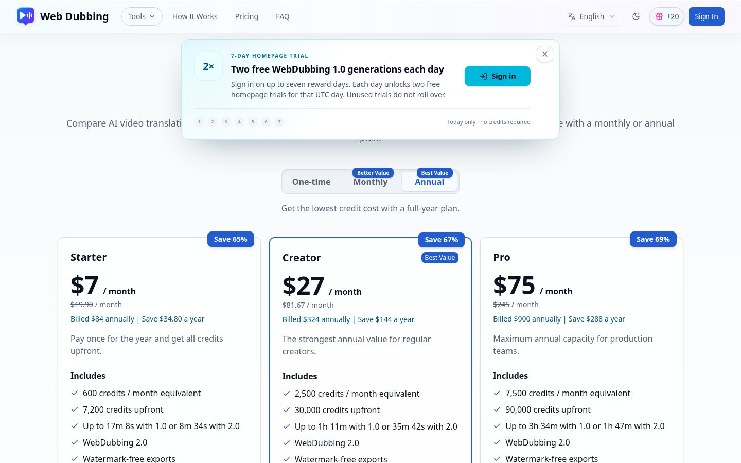 Web Dubbing Pricing
