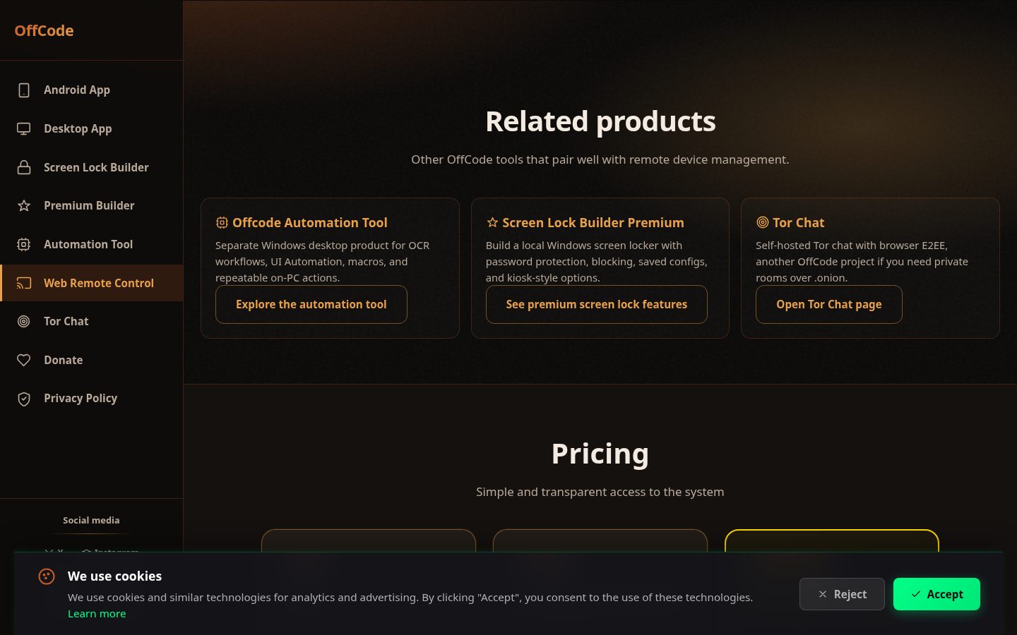 Web remote control system Pricing