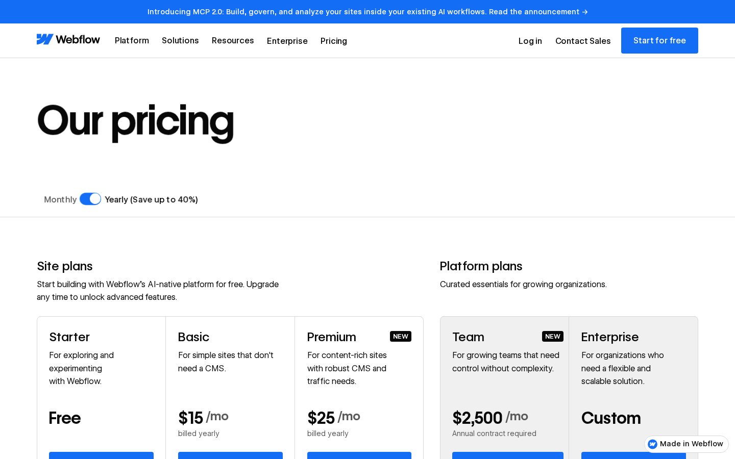 Webflow AI site builder Pricing