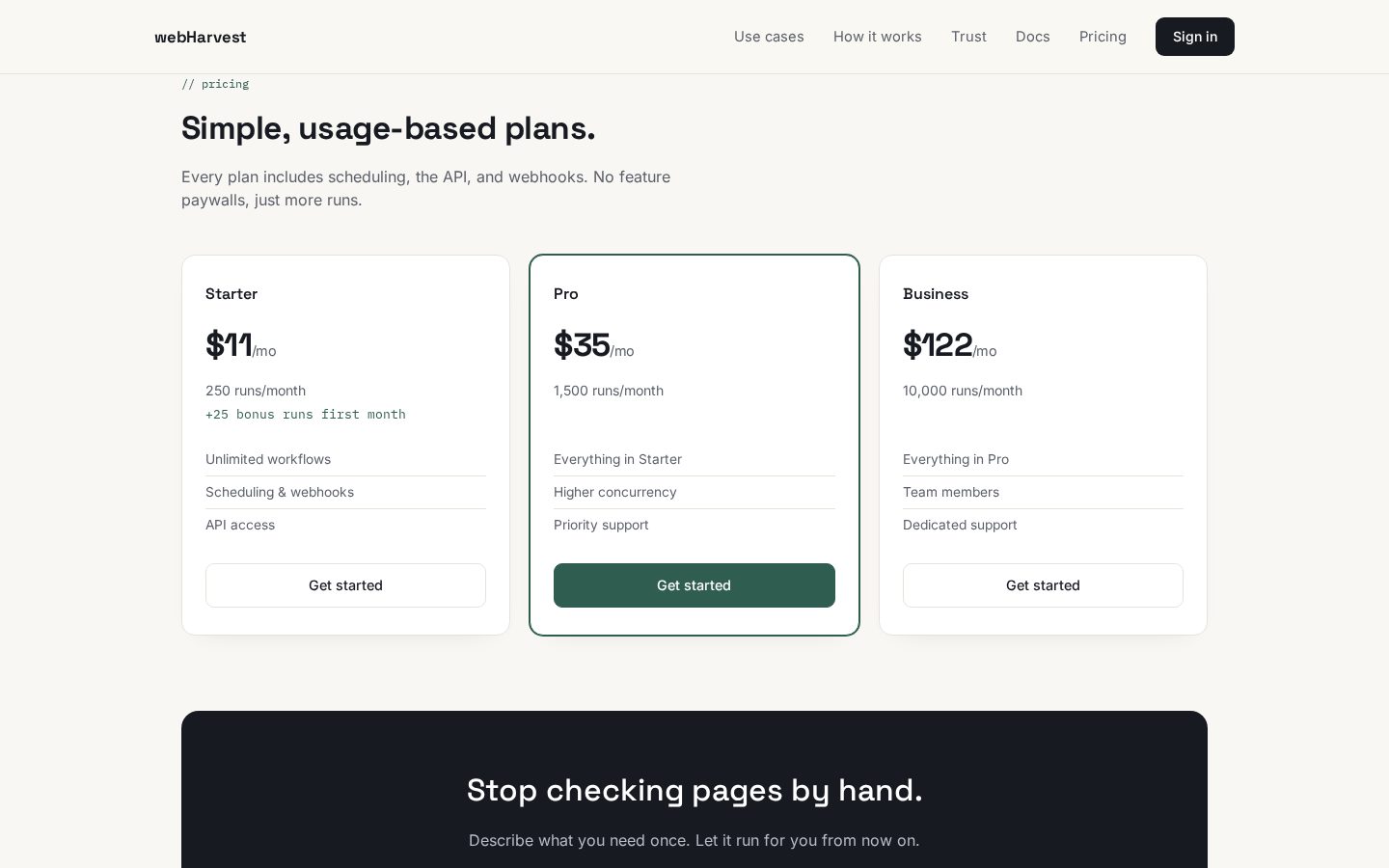 webHarvest Pricing