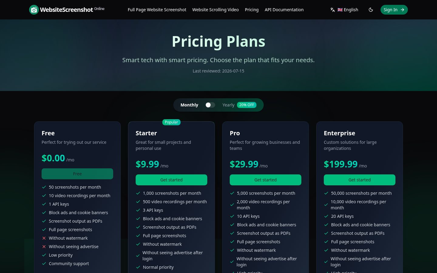 Website Screenshot Online Pricing