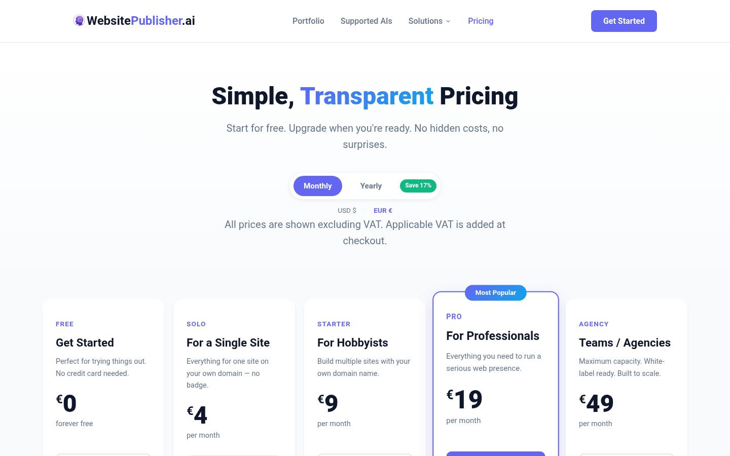 WebsitePublisher AI Pricing