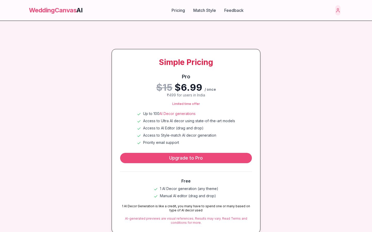 WeddingCanvasAI Pricing