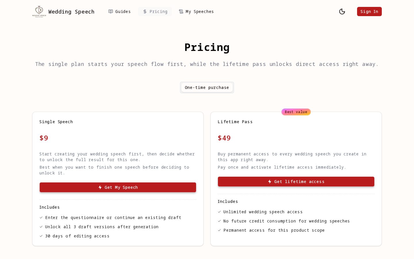 WeddingSpeech Pricing