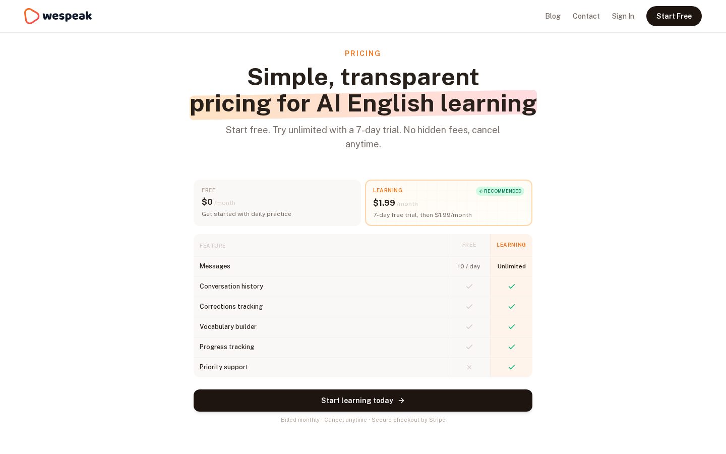WeSpeak Pricing