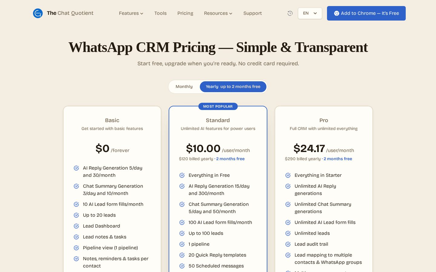 Whatsapp CRM - The Chat Quotient Pricing