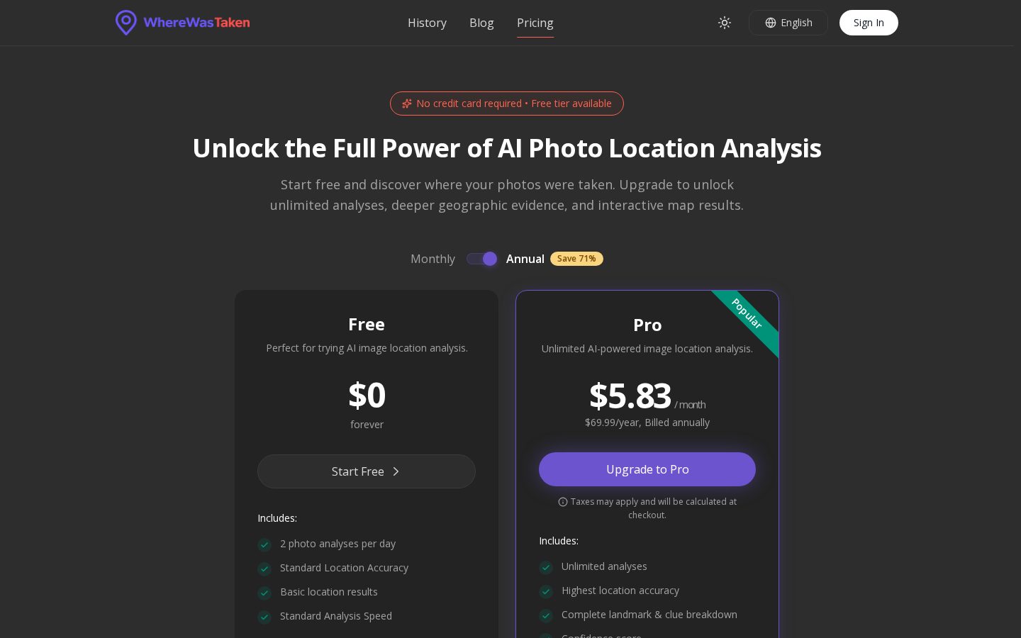 WhereWasTaken Pricing