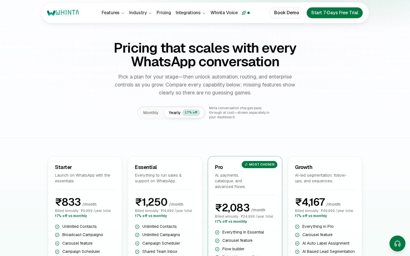 Whinta Pricing