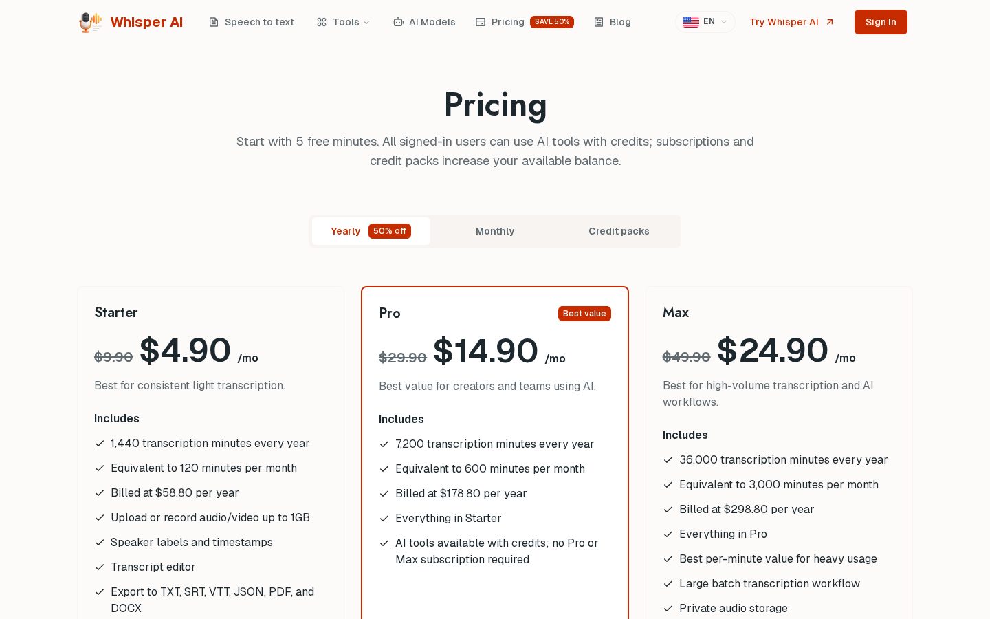 Whisper AI Pricing