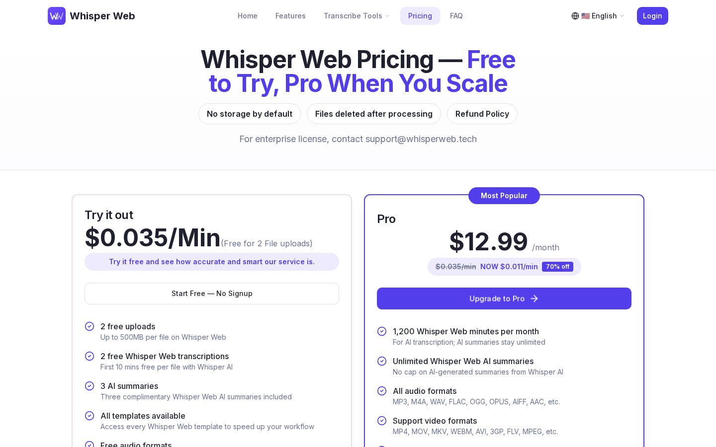 Whisper Web Pricing
