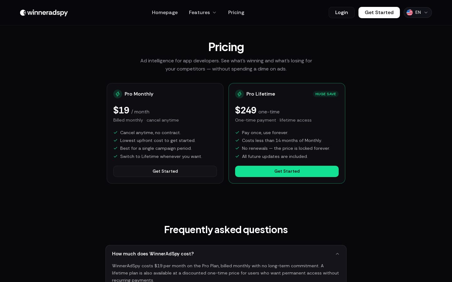 WinnerAdSpy Pricing