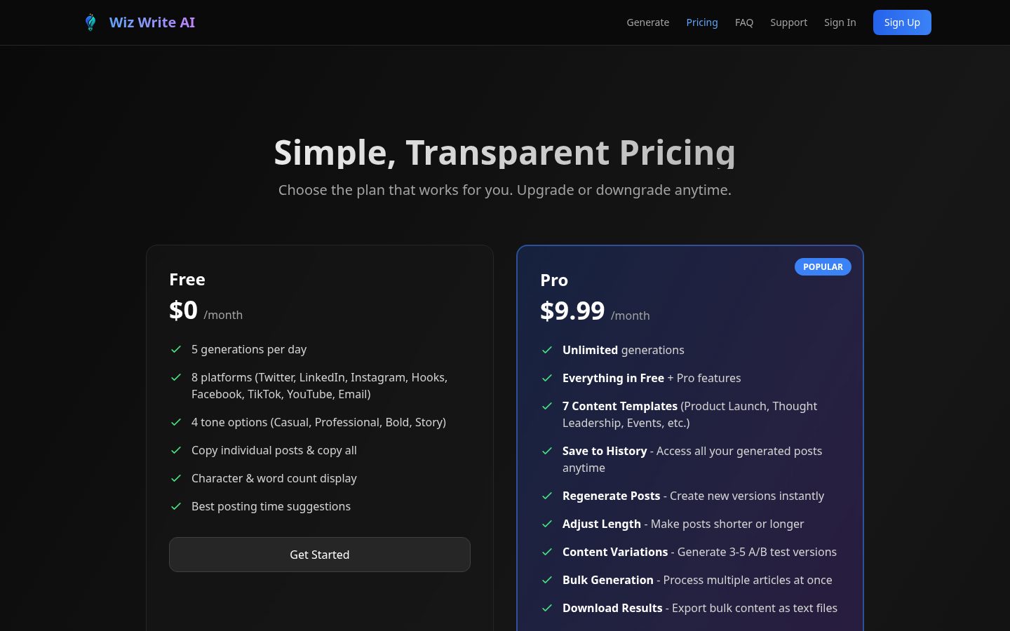 Wiz Write AI Pricing
