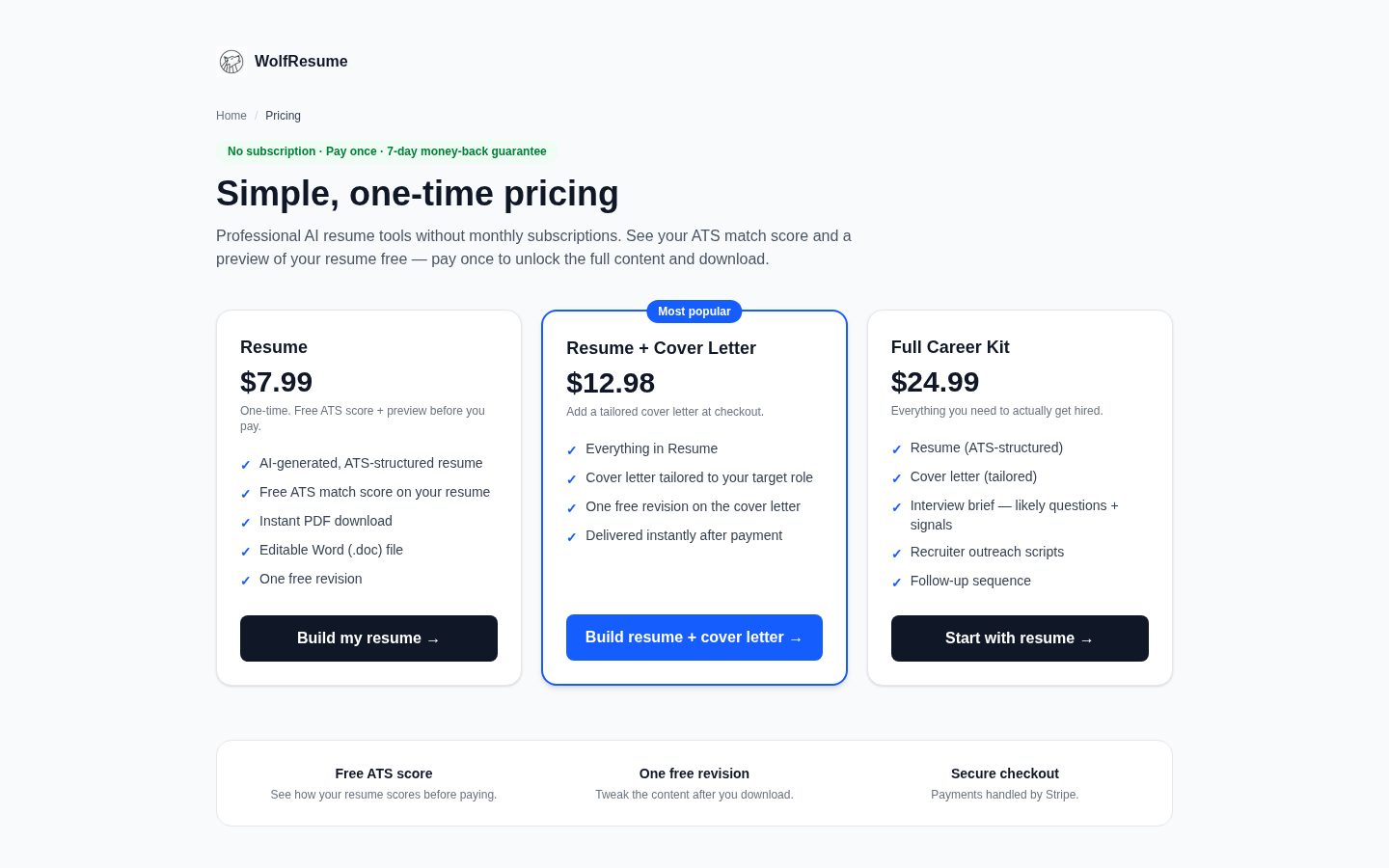 WolfResume Pricing
