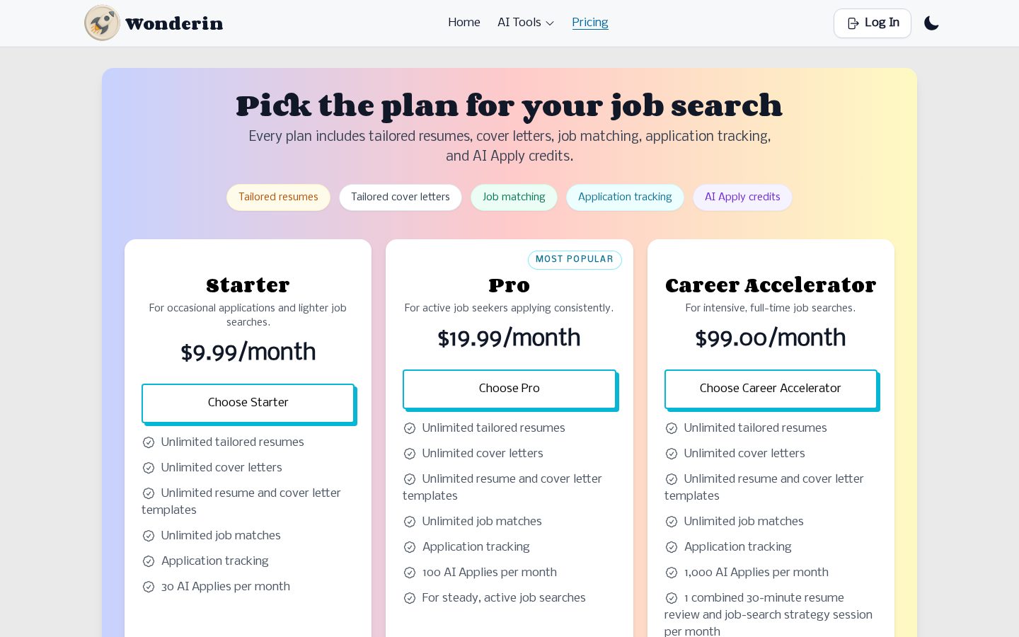 Wonderin AI Pricing