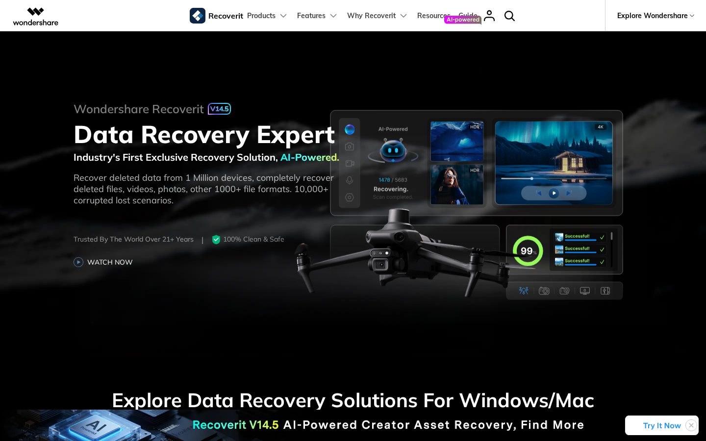 Wondershare Recoverit AI Data Recovery Homepage