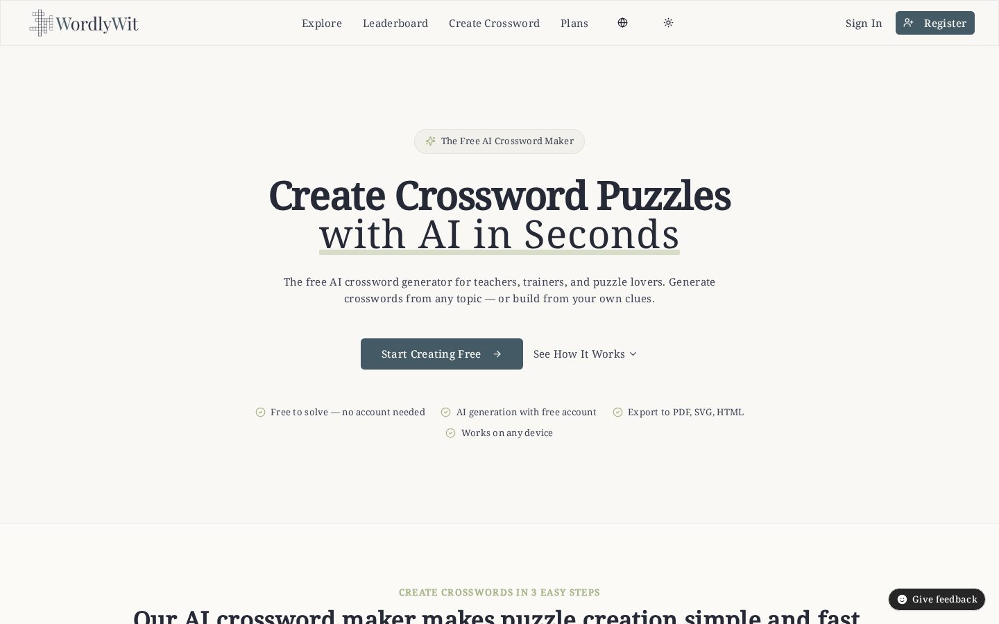 WordlyWit AI Crossword Generator Homepage
