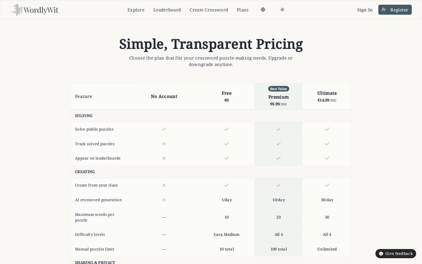 WordlyWit AI Crossword Generator Pricing