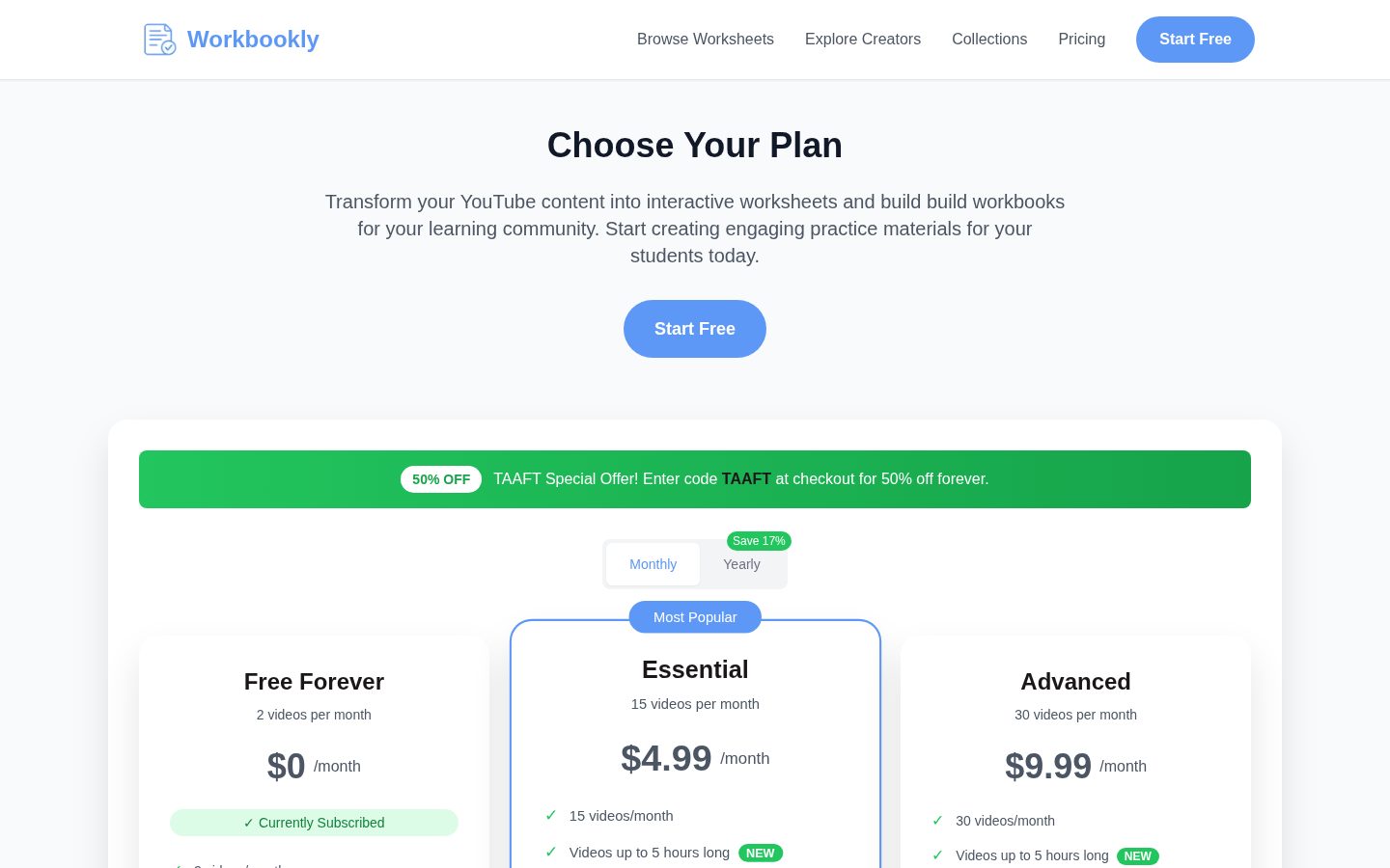 Workbookly App Pricing