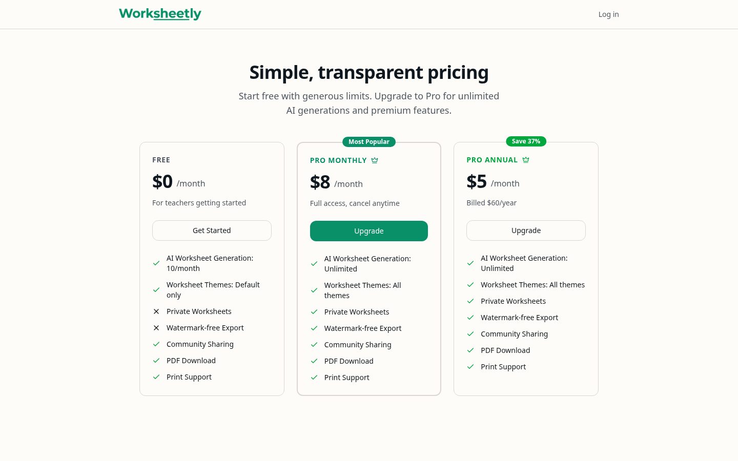 Worksheetly Pricing