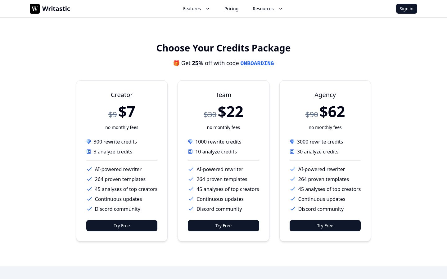 Writastic Pricing