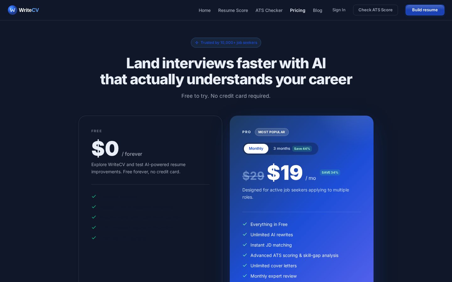 WriteCV.ai Pricing