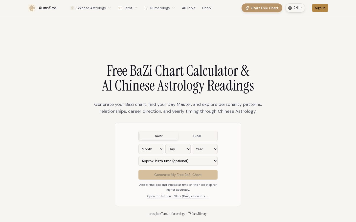 XuanSeal AI BaZi Calculator Homepage