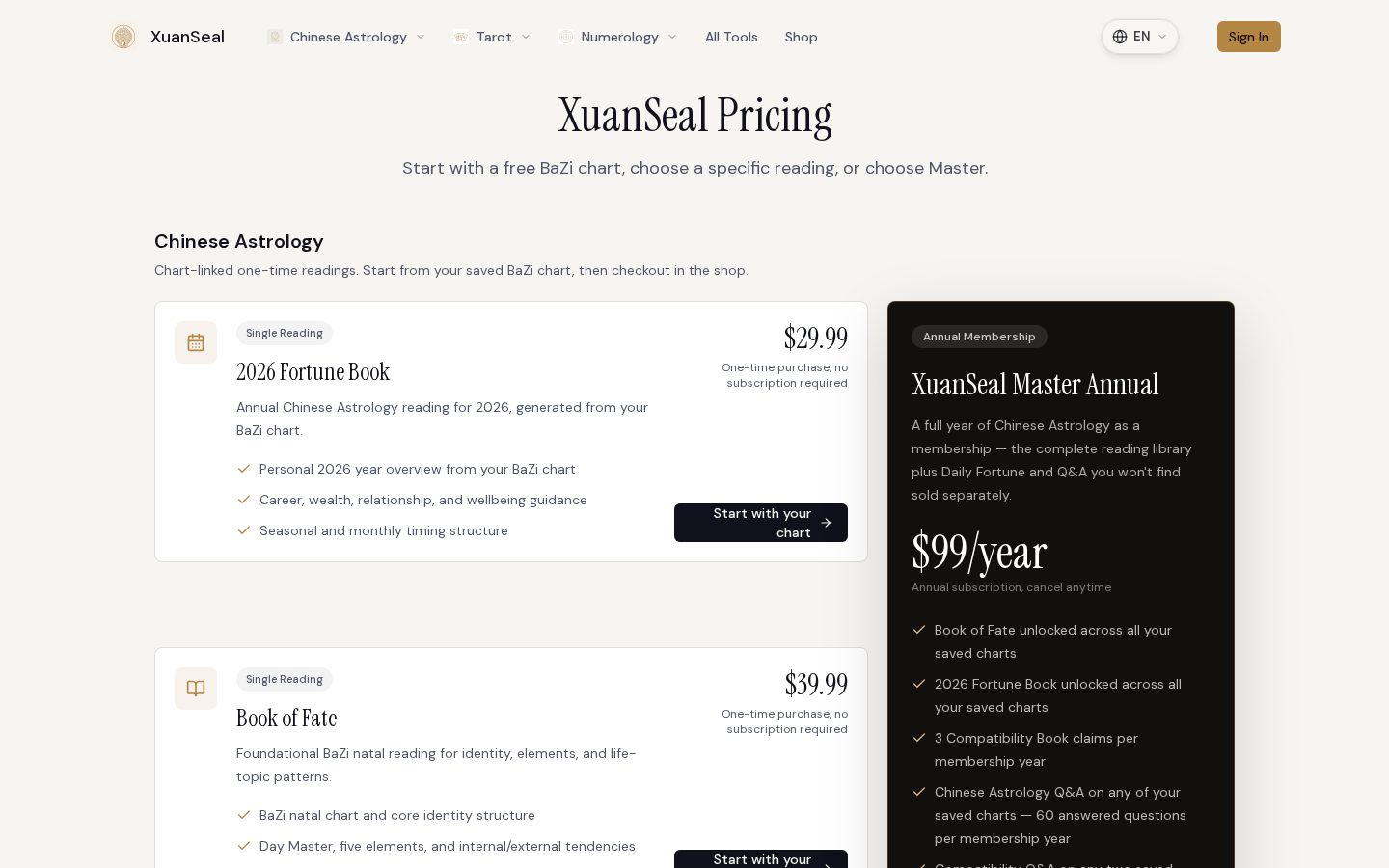 XuanSeal AI BaZi Calculator Pricing