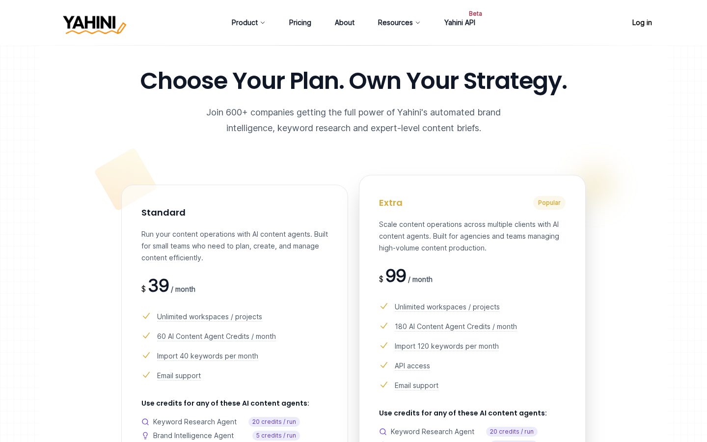 Yahini Pricing