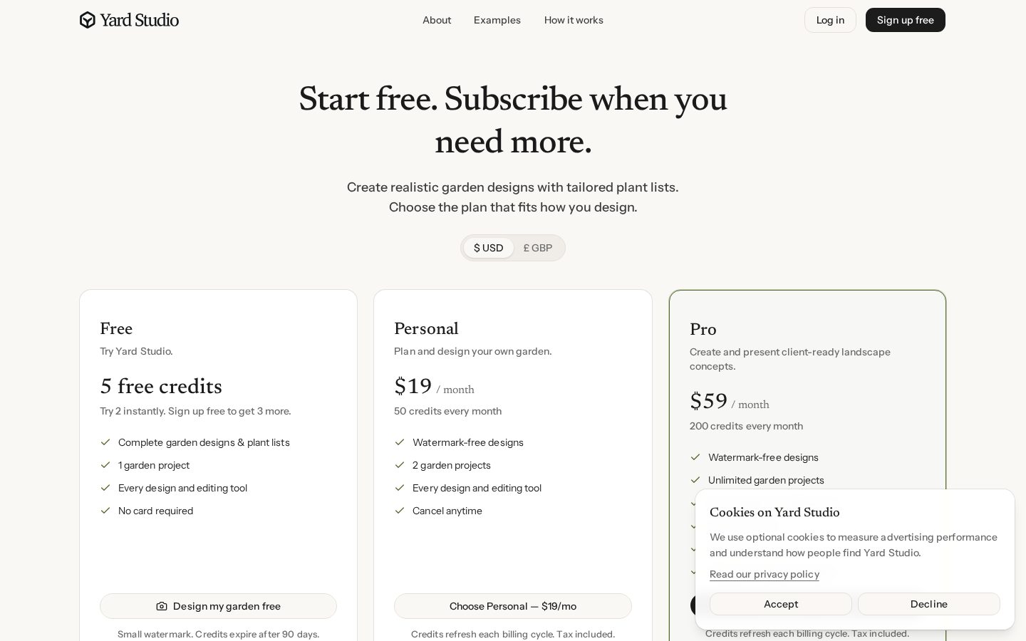 Yard Studio Pricing