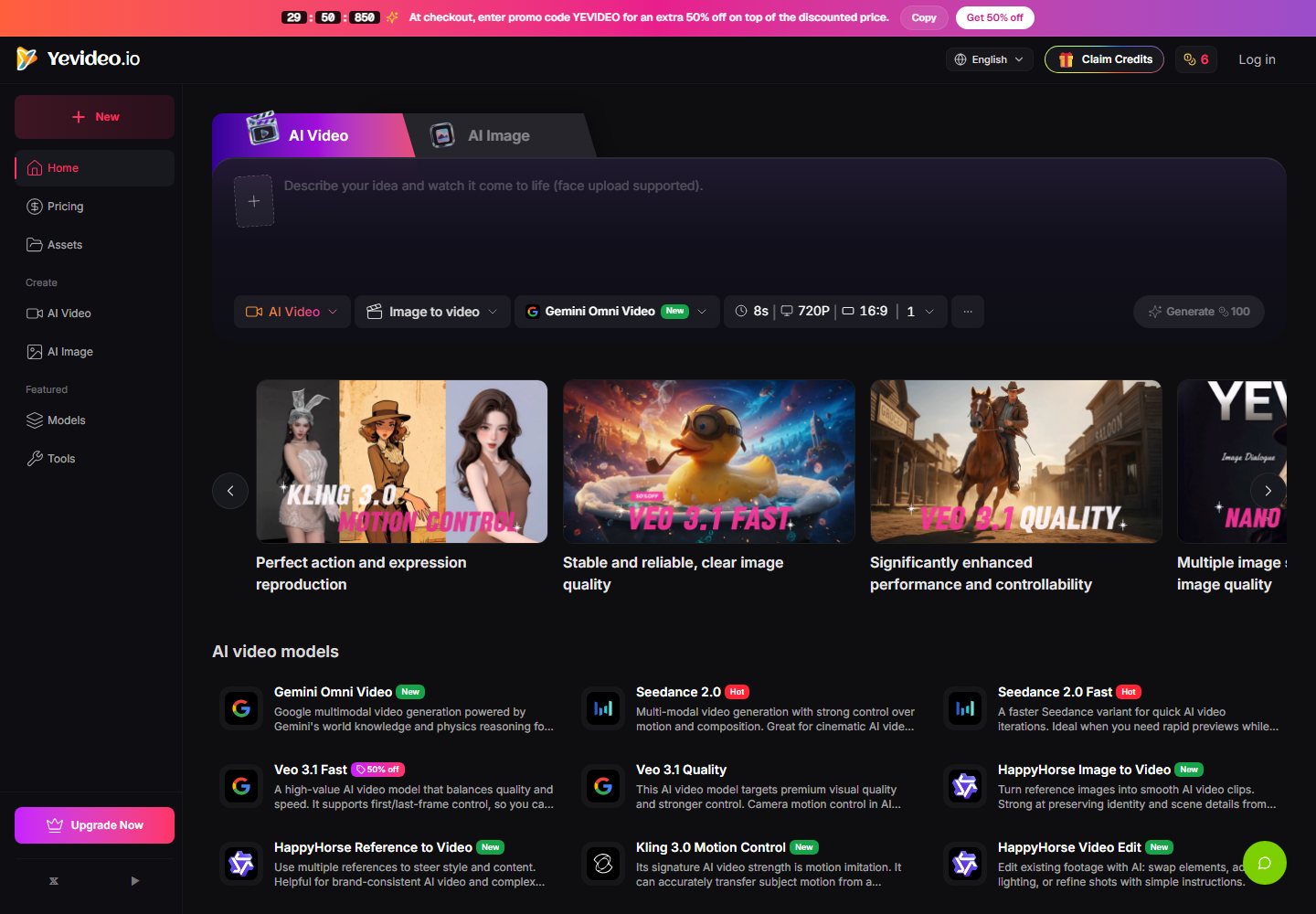 Yevideo AI homepage