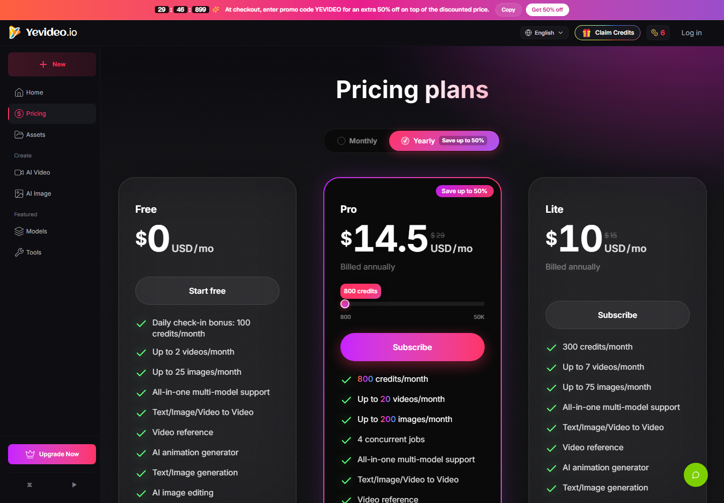 Yevideo AI pricing