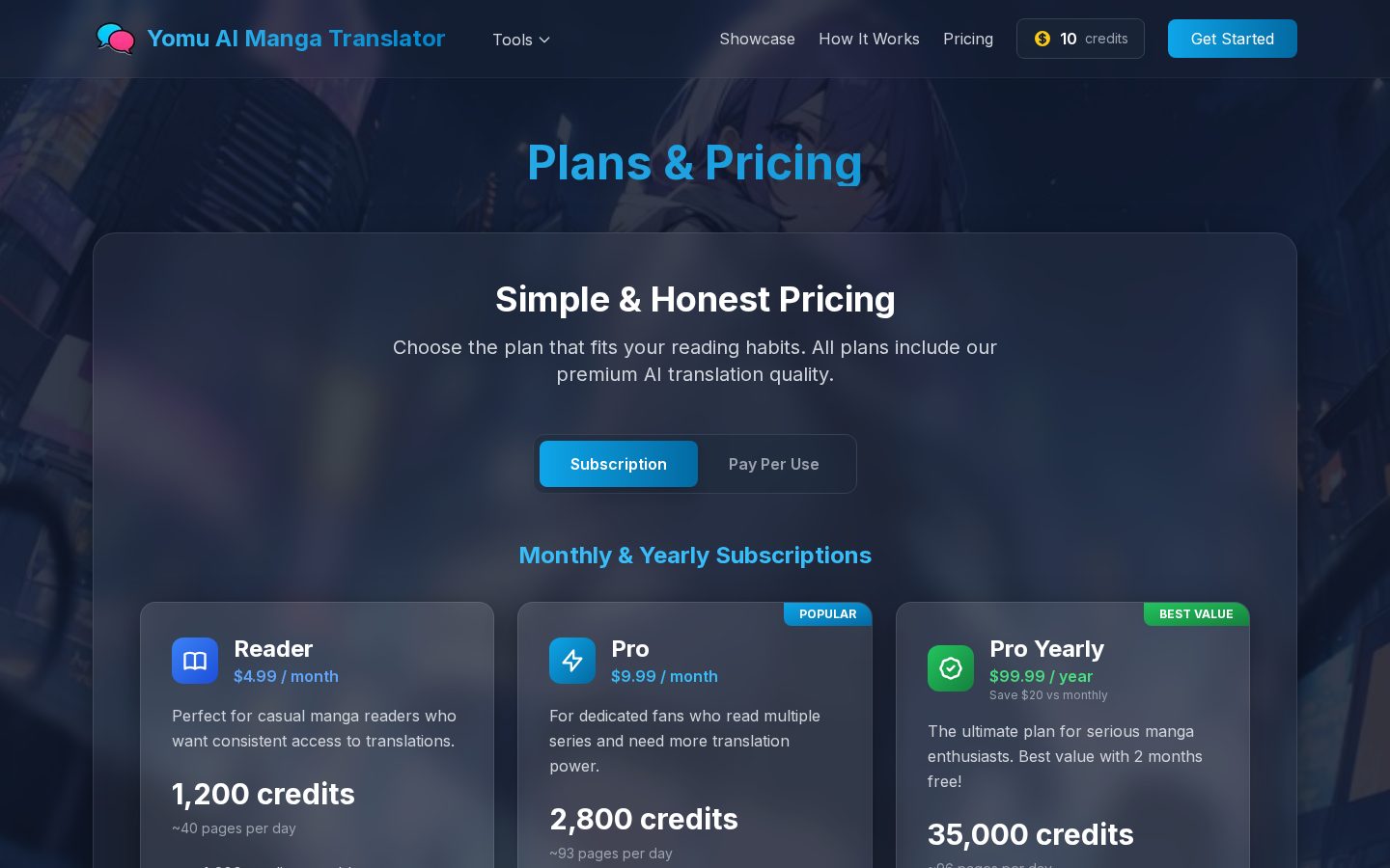 Yomu manga translator Pricing