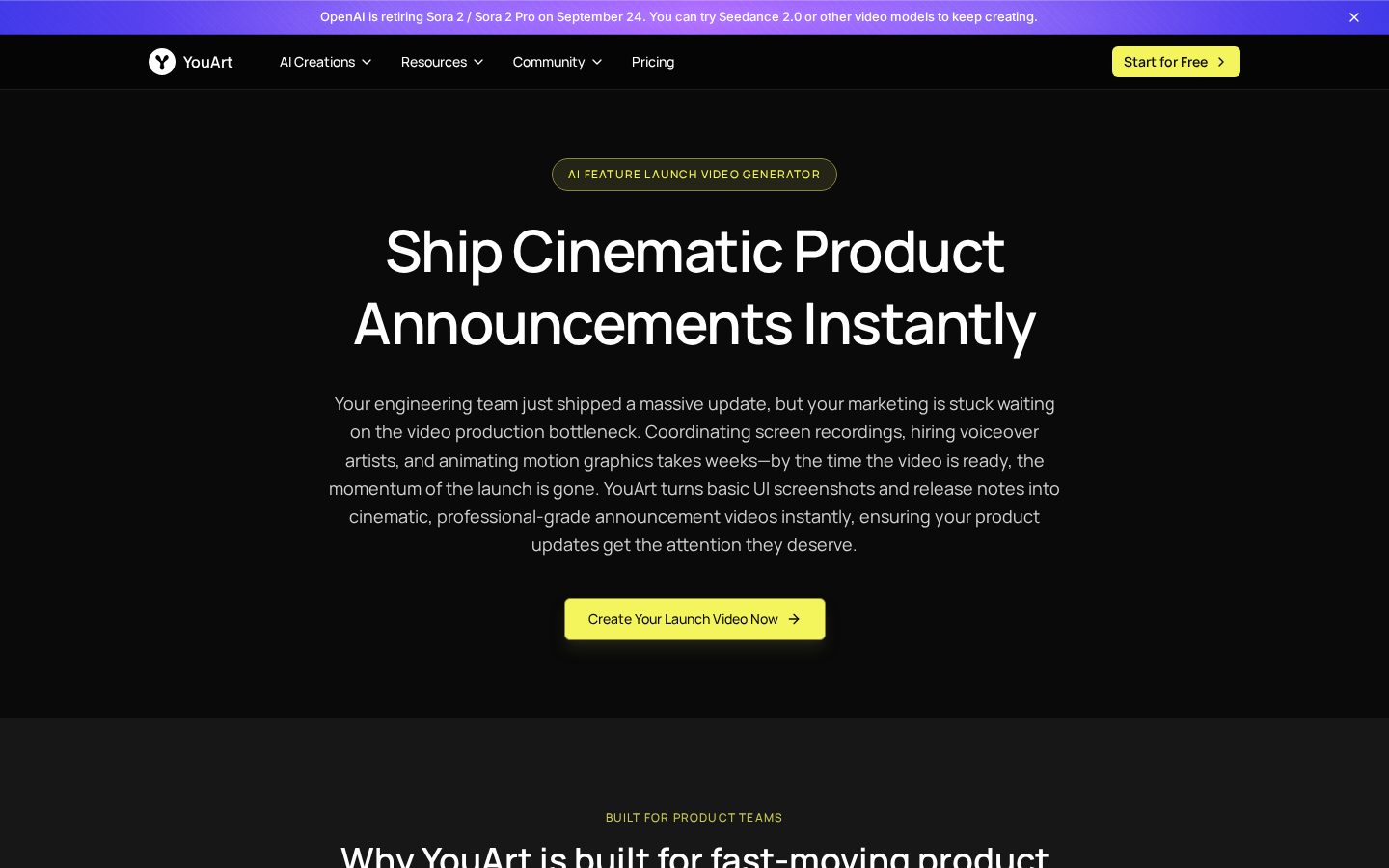 YouArt AI Feature Launch Video Generator Homepage