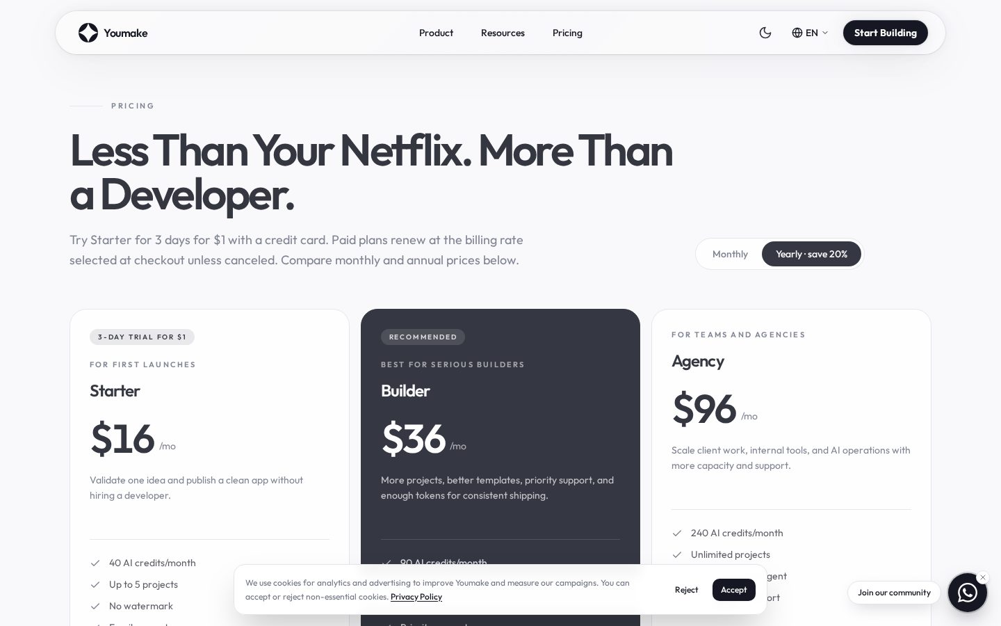 Youmake dev Pricing