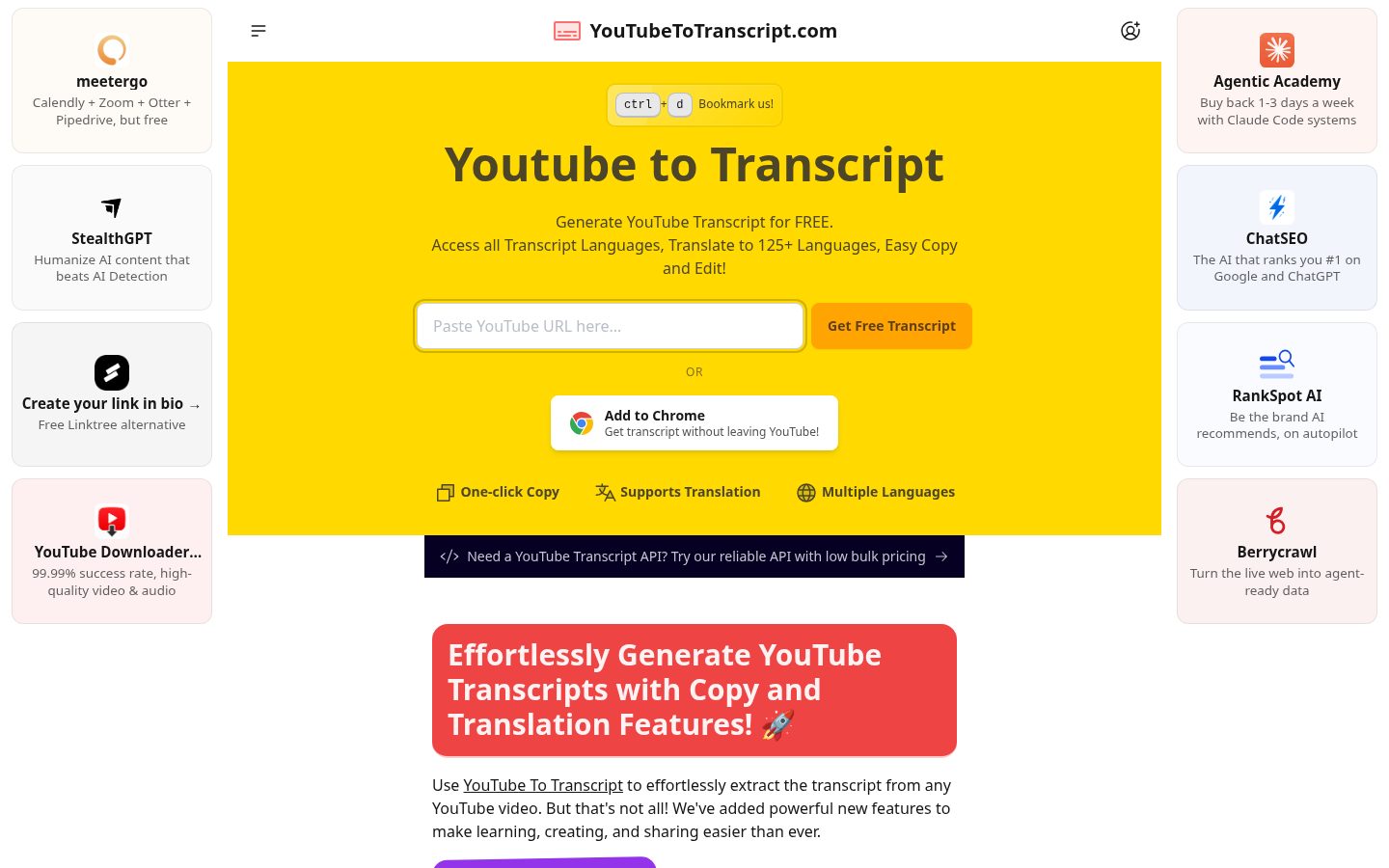 YouTube to Trasncript Homepage