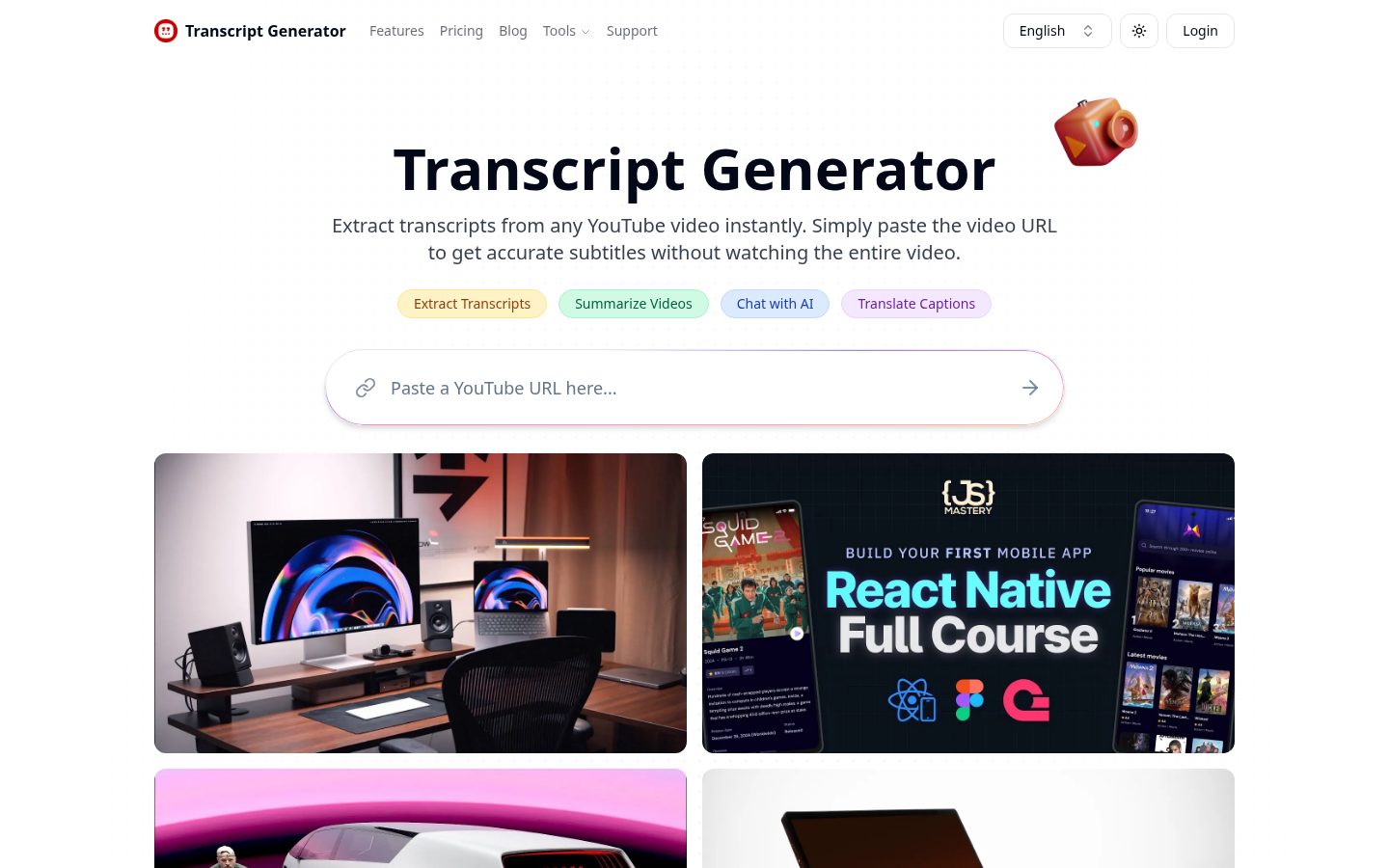 YouTube Transcript Generator Homepage