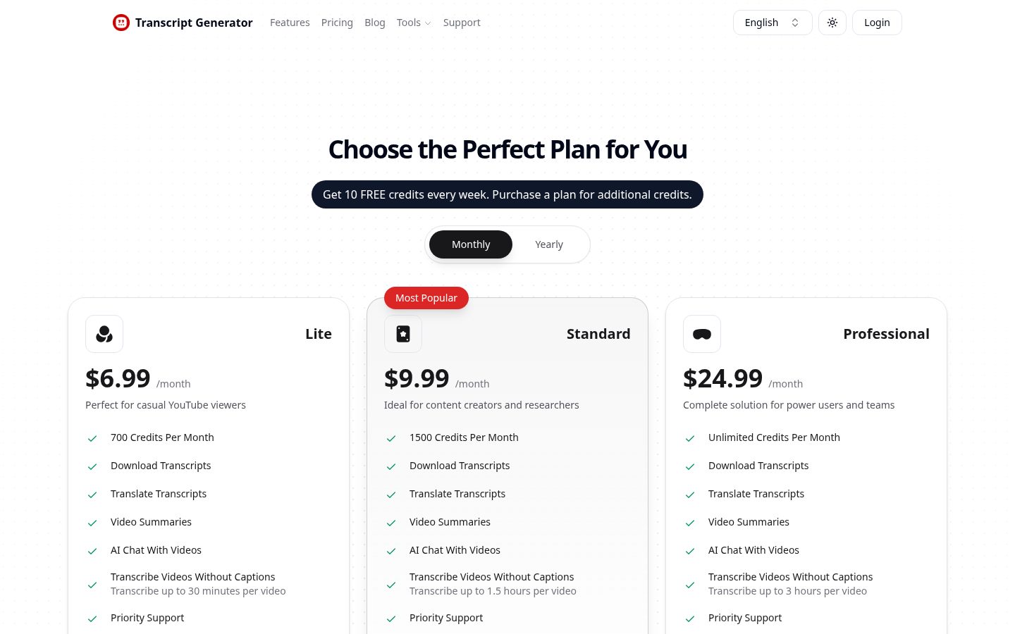 YouTube Transcript Generator Pricing