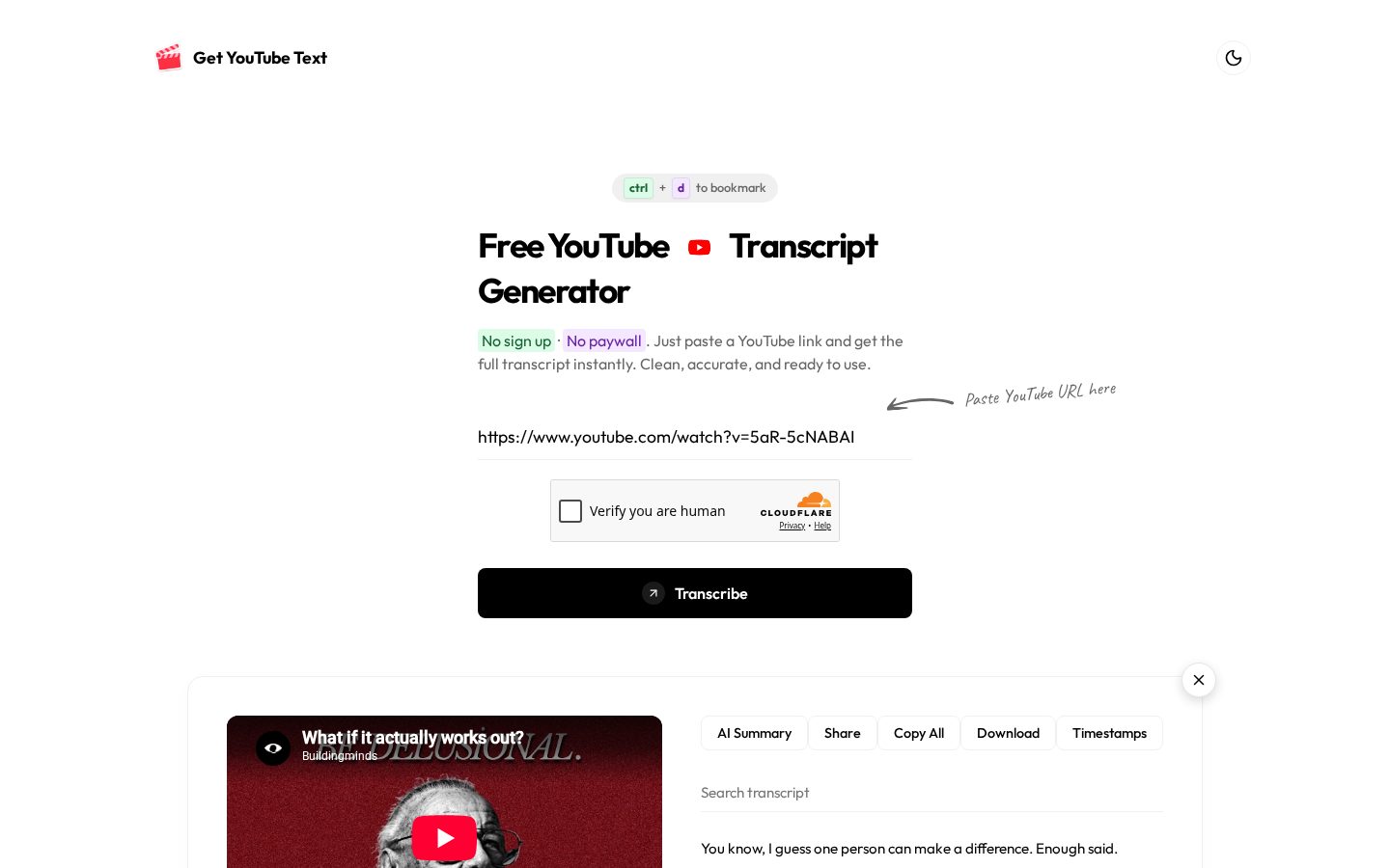 YouTube Transcript Tool Homepage