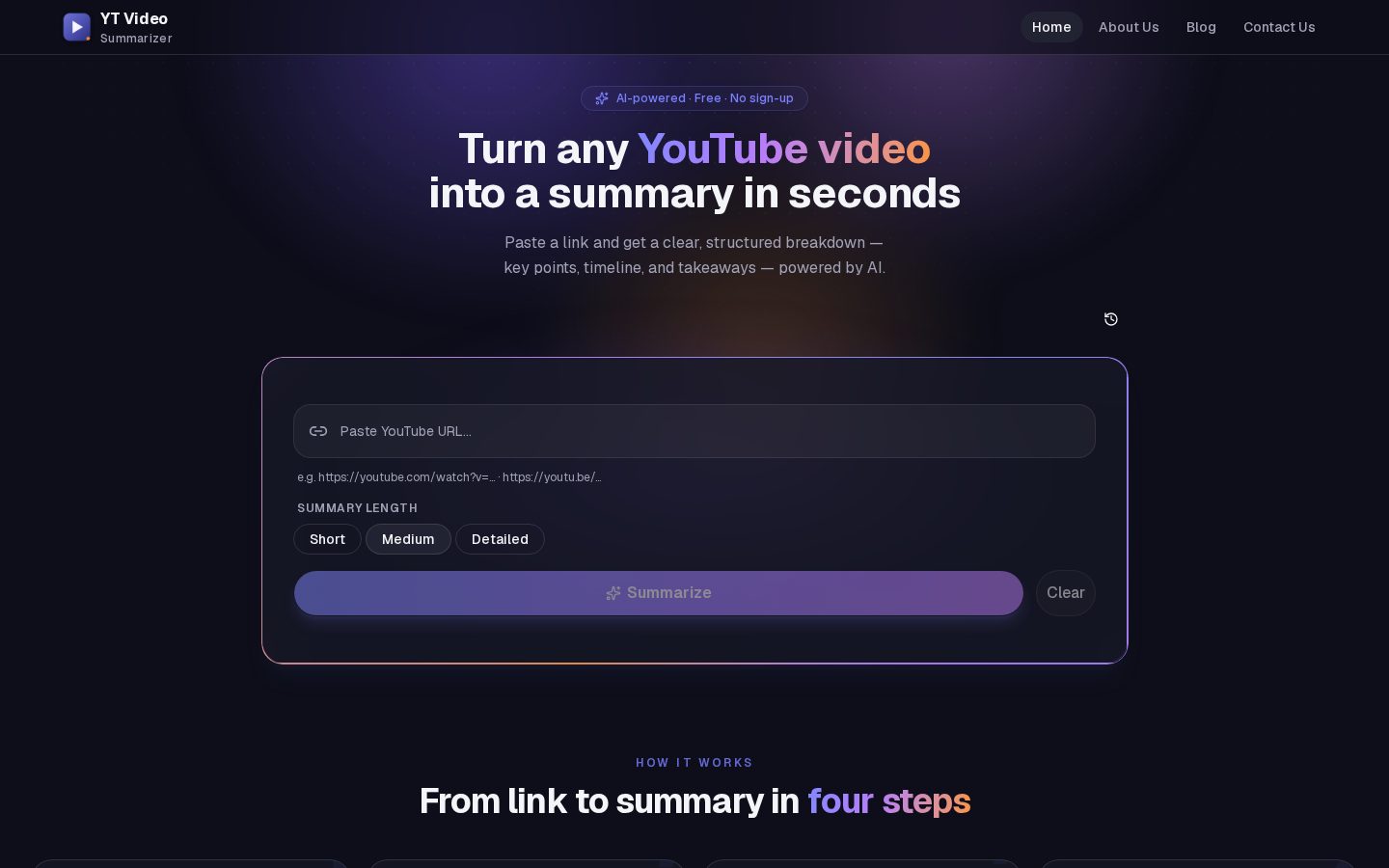 YT Video Summarizer Homepage