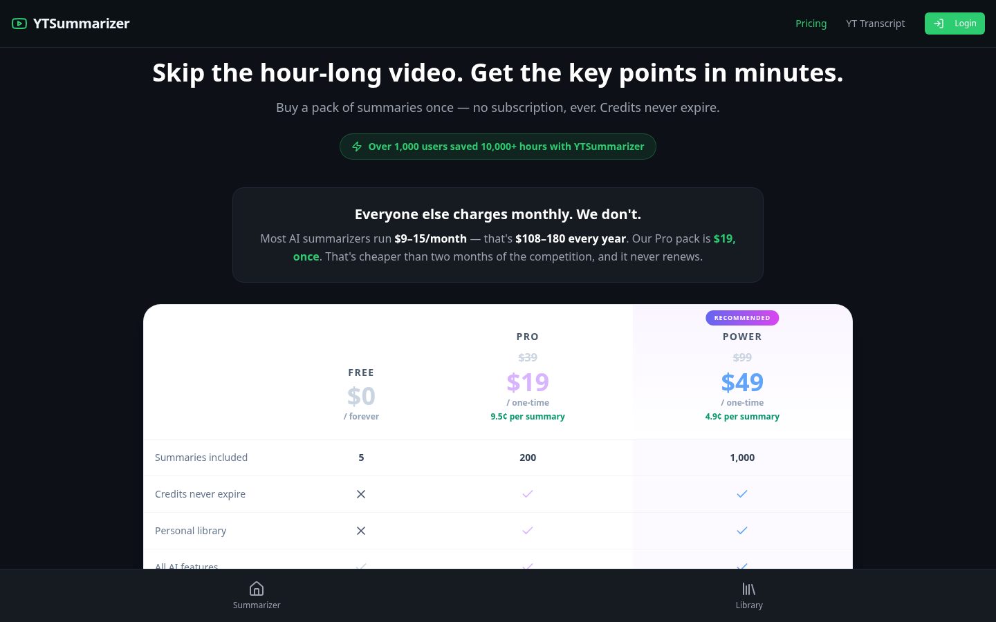 YTSummarizer Pricing