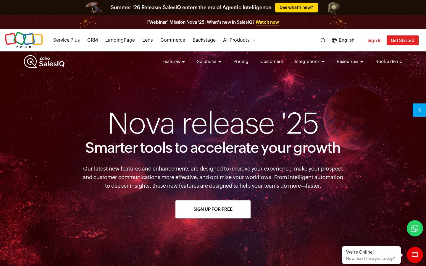 Zoho SalesIQ Nova '25 Homepage