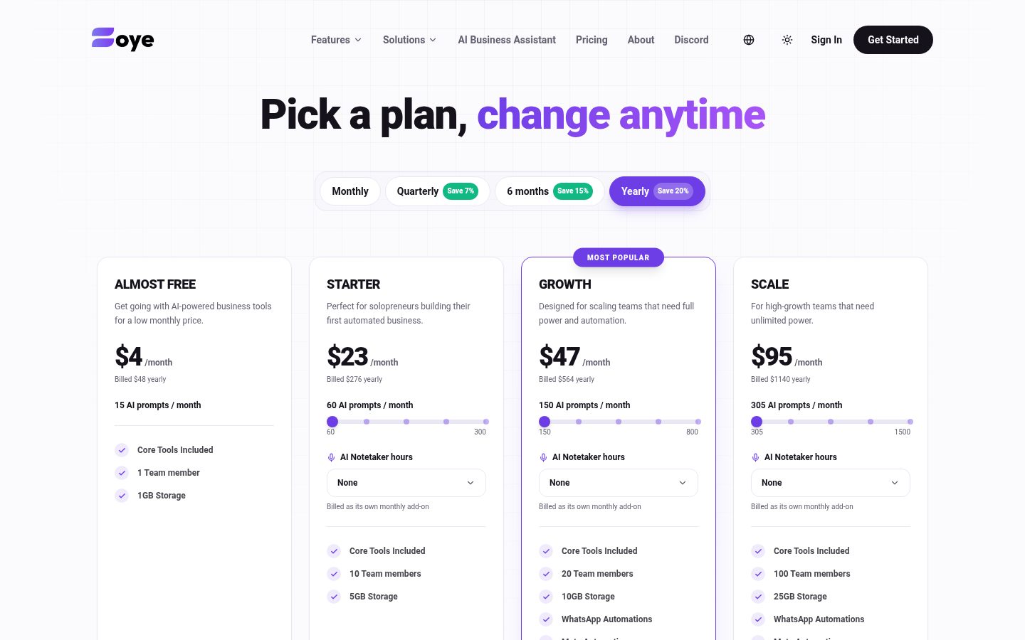 Zoye Pricing